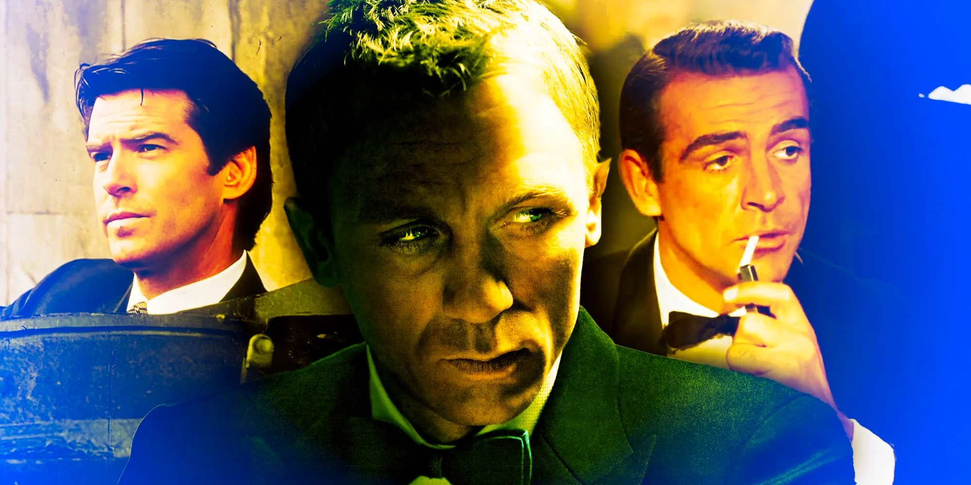 A composite image of Sean Connery, Daniel Craig, and Pierce Brosnan playing James Bond Image