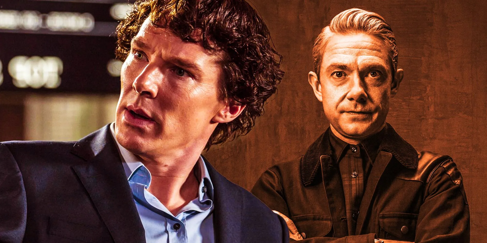 A composite image of Sherlock looking over his shoulder in confusion in front of Holmes crossing his arms in Sherlock Image