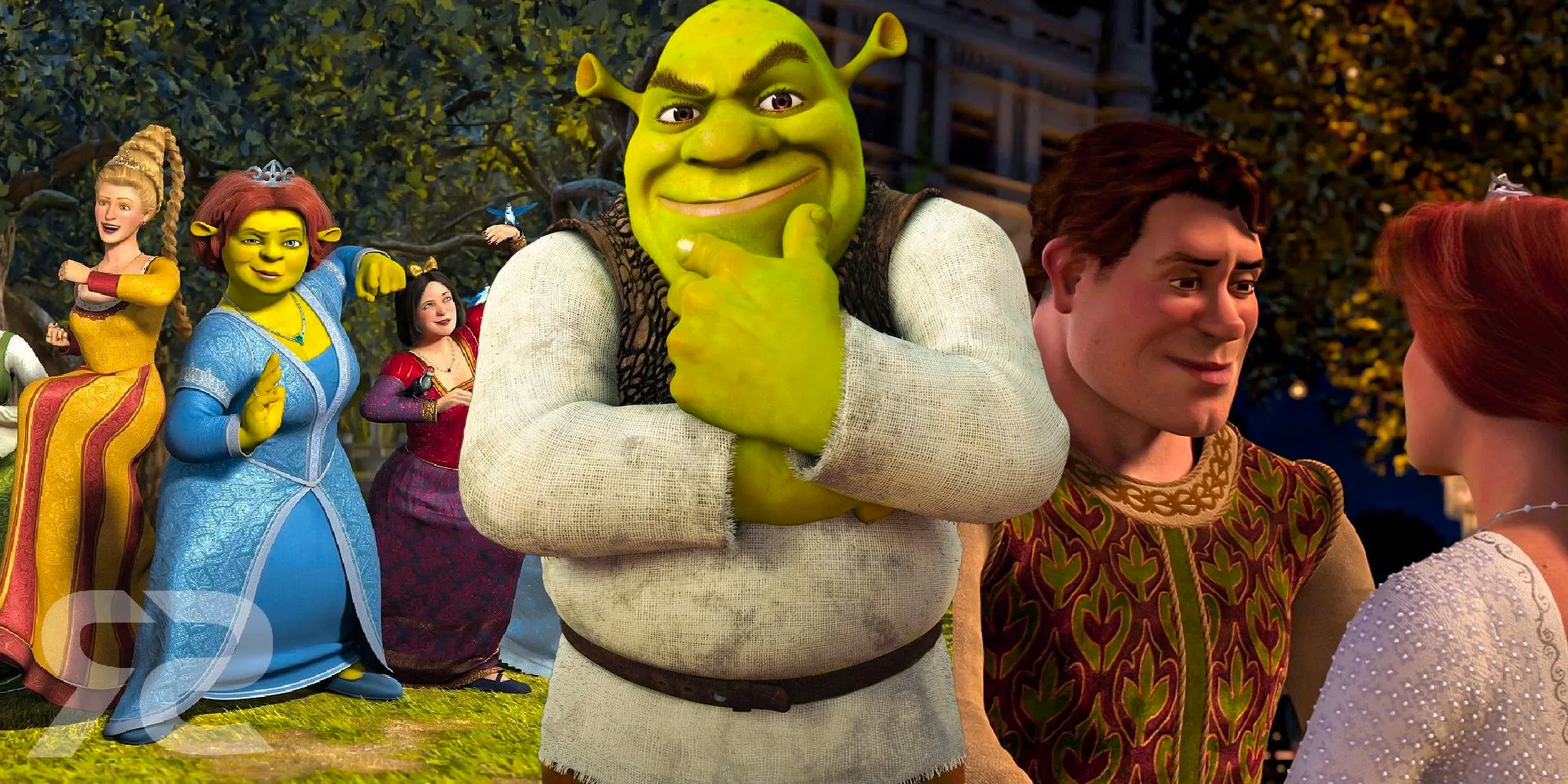 A composite image of Shrek standing with his chin on his hand in front of human Shrek smiling at Fiona and Fiona leading an army of women doing Kung Fu in the Shrek Movies Image