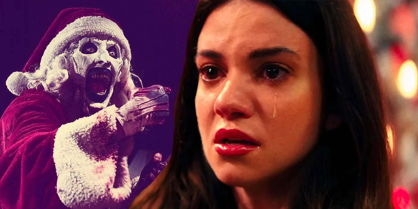 A composite image of Sienna crying in front of Art the Clown smiling while holding an ax in Terrifier 3 Image