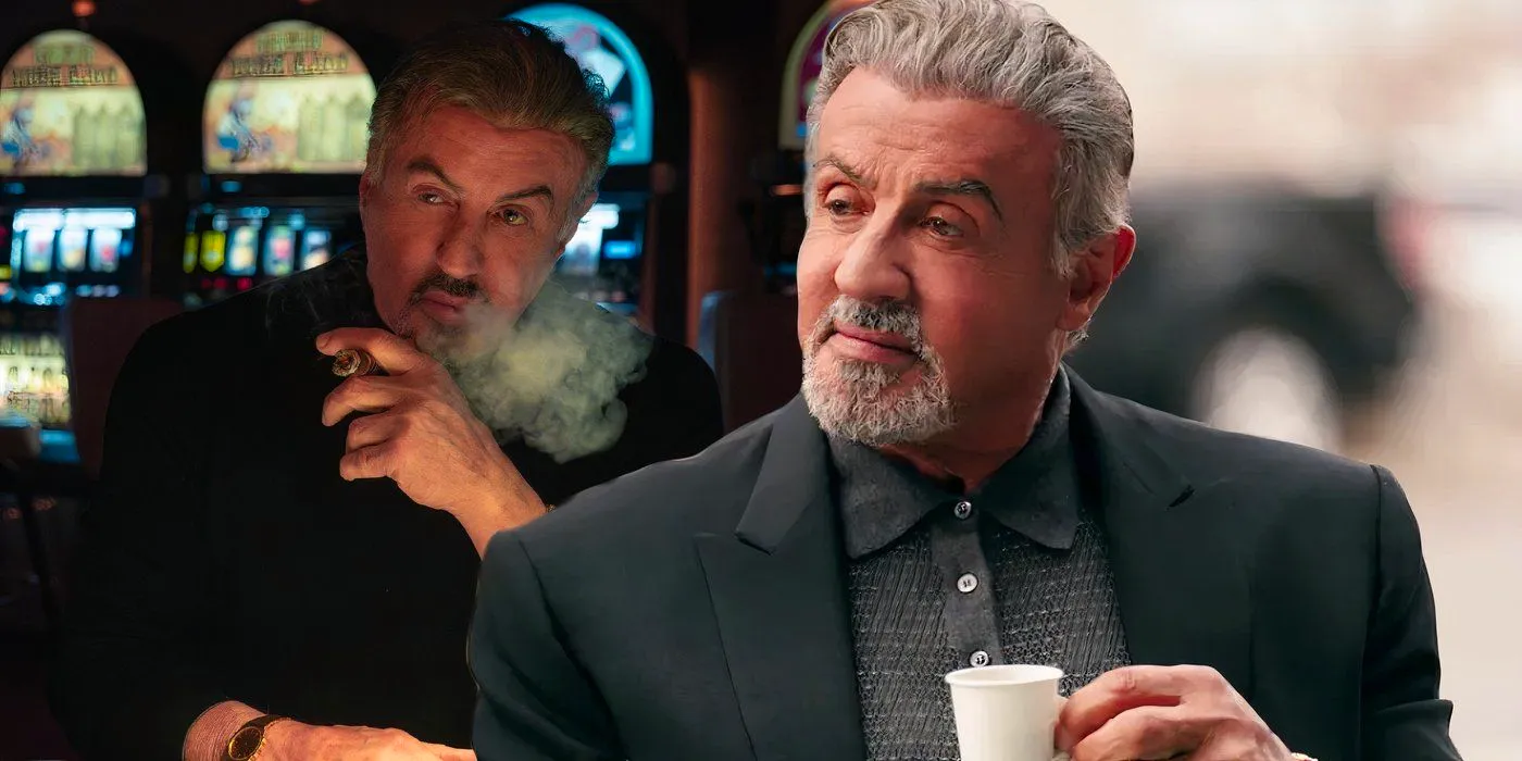 A composite image of Sylvester Stallone smiling while drinking espresso in front of Stallone smoking a cigar in a casino in Tulsa King Image