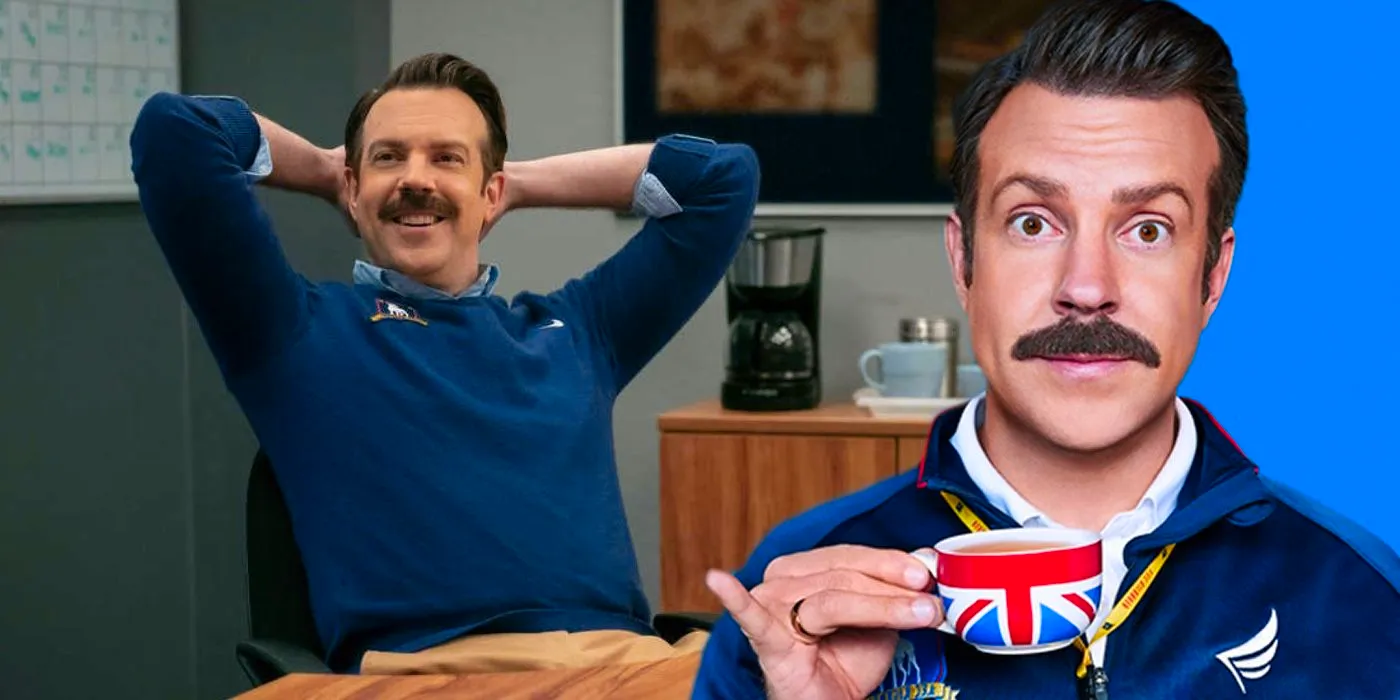 A composite image of Ted Lasso sitting in a chair and sipping tea from Ted Lasso Image