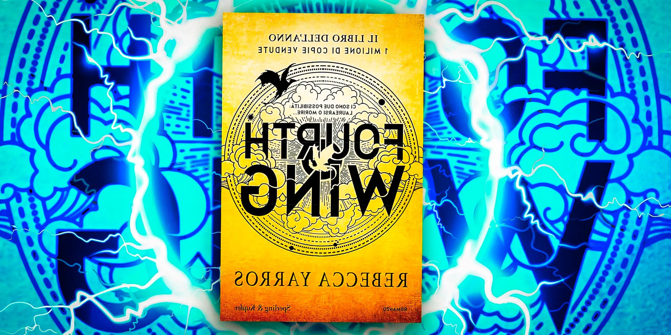 A composite image of the Fourth Wing book cover in front of a glowing blue backdrop Image