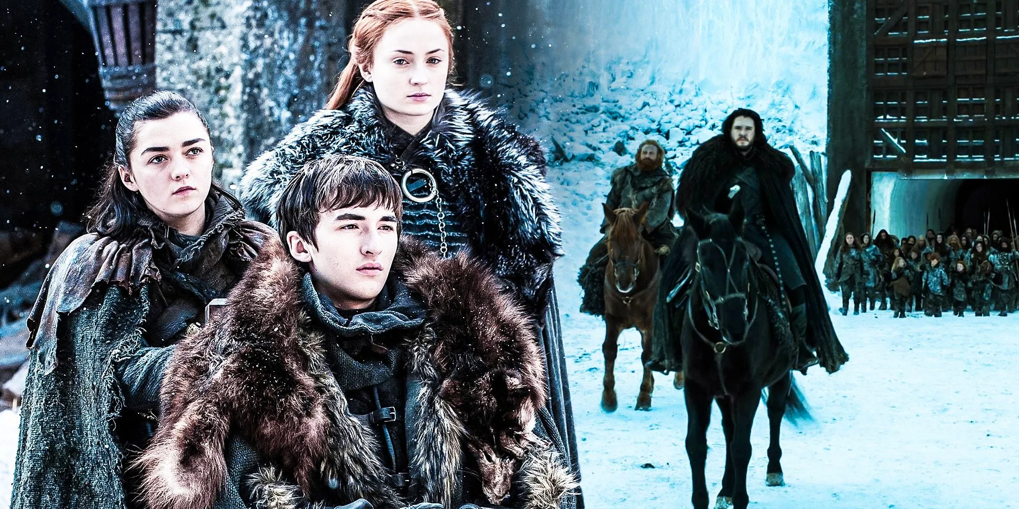 A composite image of the Stark children huddled together in the snow with Jon Snow leading a column of soldiers through the Wall in Game of Thrones Image