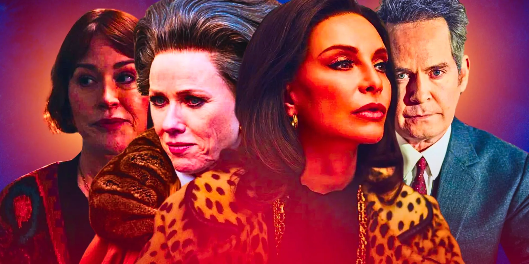 A composite image of Tom Hollander, Calista Flockhart, Naomi Watts, and Molly Ringwald looking on against a red backdrop from Feud Image