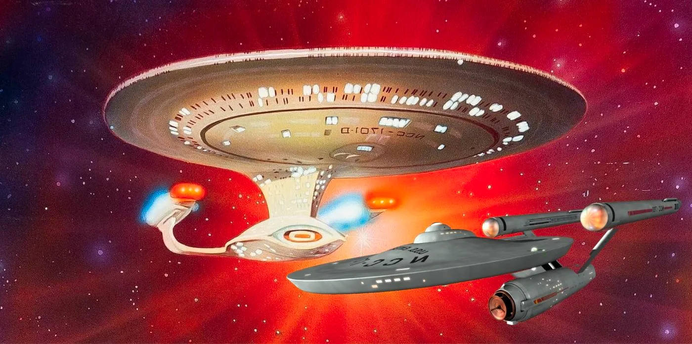 A composite image of two versions of the Enterprise flying in space from Star Trek Image