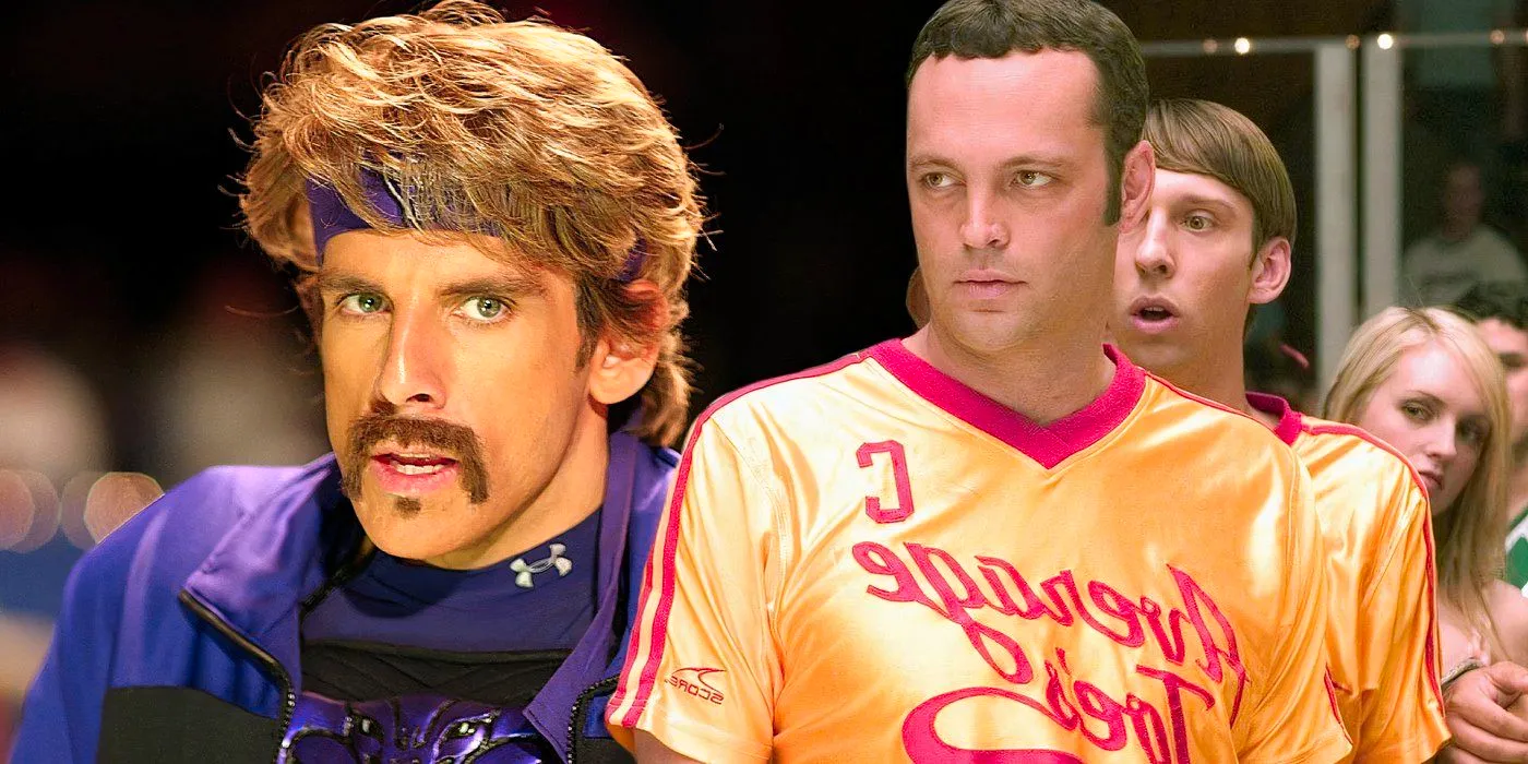 A composite image of Vince Vaughn looking on with a determined expression in front of Ben Stiller looking disturbed in Dodgeball Image