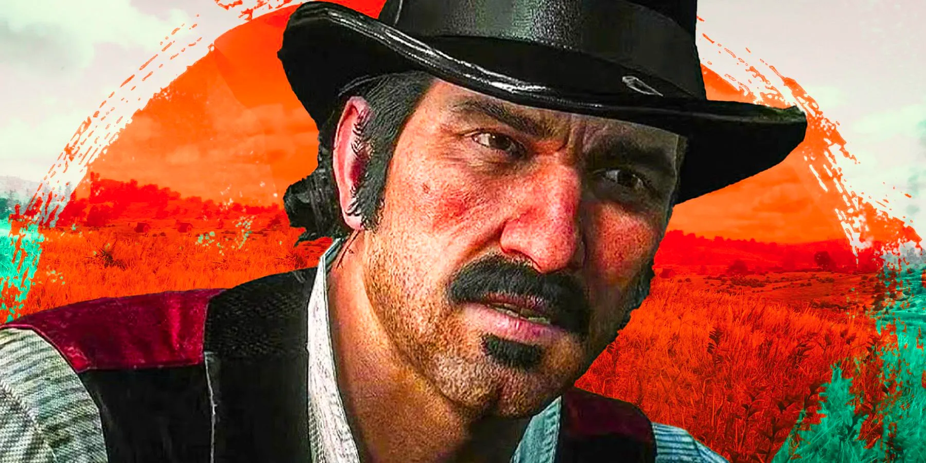 A concerned-looking Dutch over an artistic background of a plain and an orange, rising sun in a collage of imagery from RDR2. Image