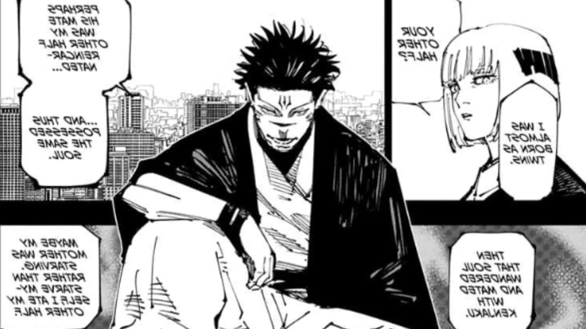 A converstaion between Sukuna and Uraume involing Yuji's origin from Jujutsu Kaisen chapter 257 Image