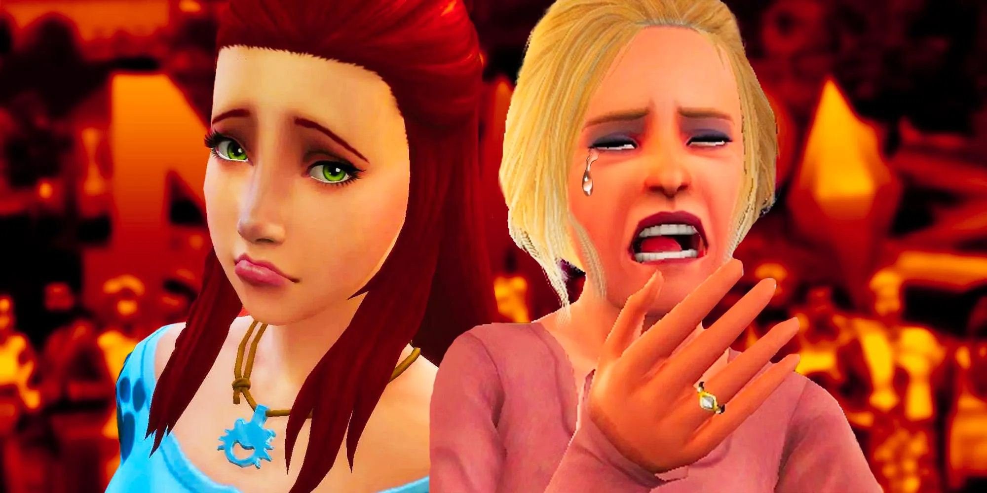 A couple of sims from the Sims 4 crying and looking sad. Image