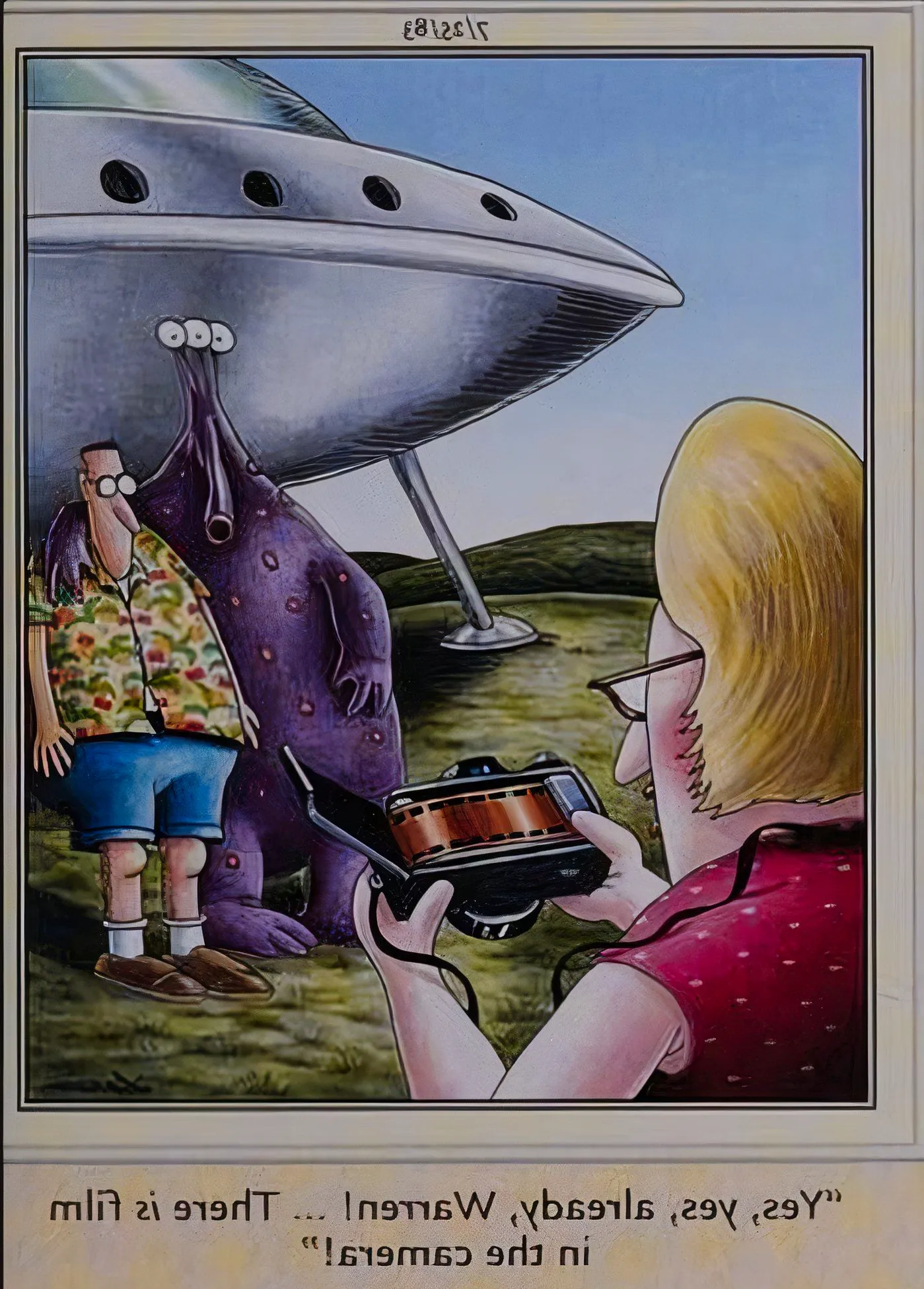 A couple taking pictures with an alien in The Far Side. Image