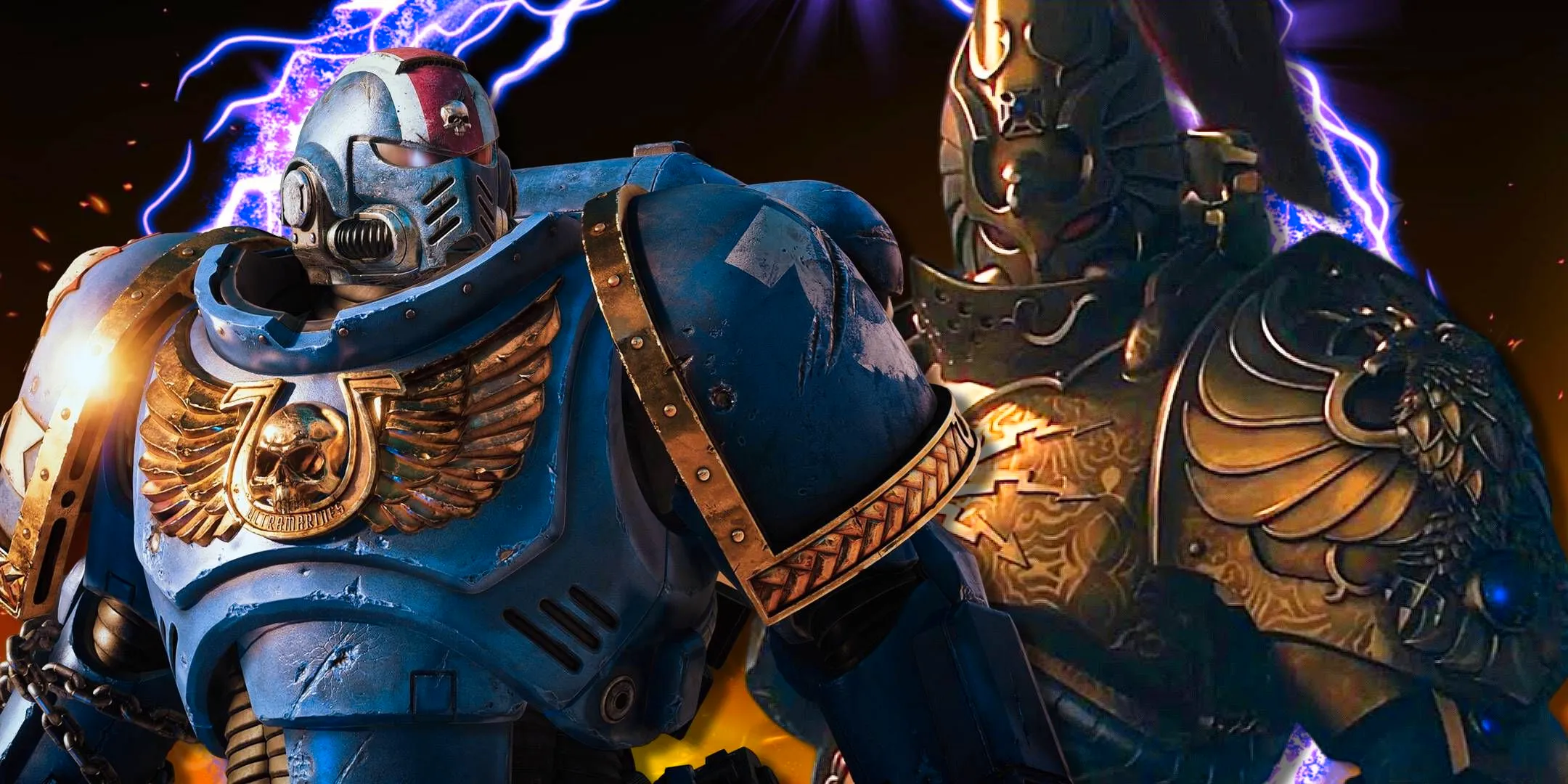 A Custodian standing next to a Space Marine in Warhammer 40,000: Space Marine 2. Image