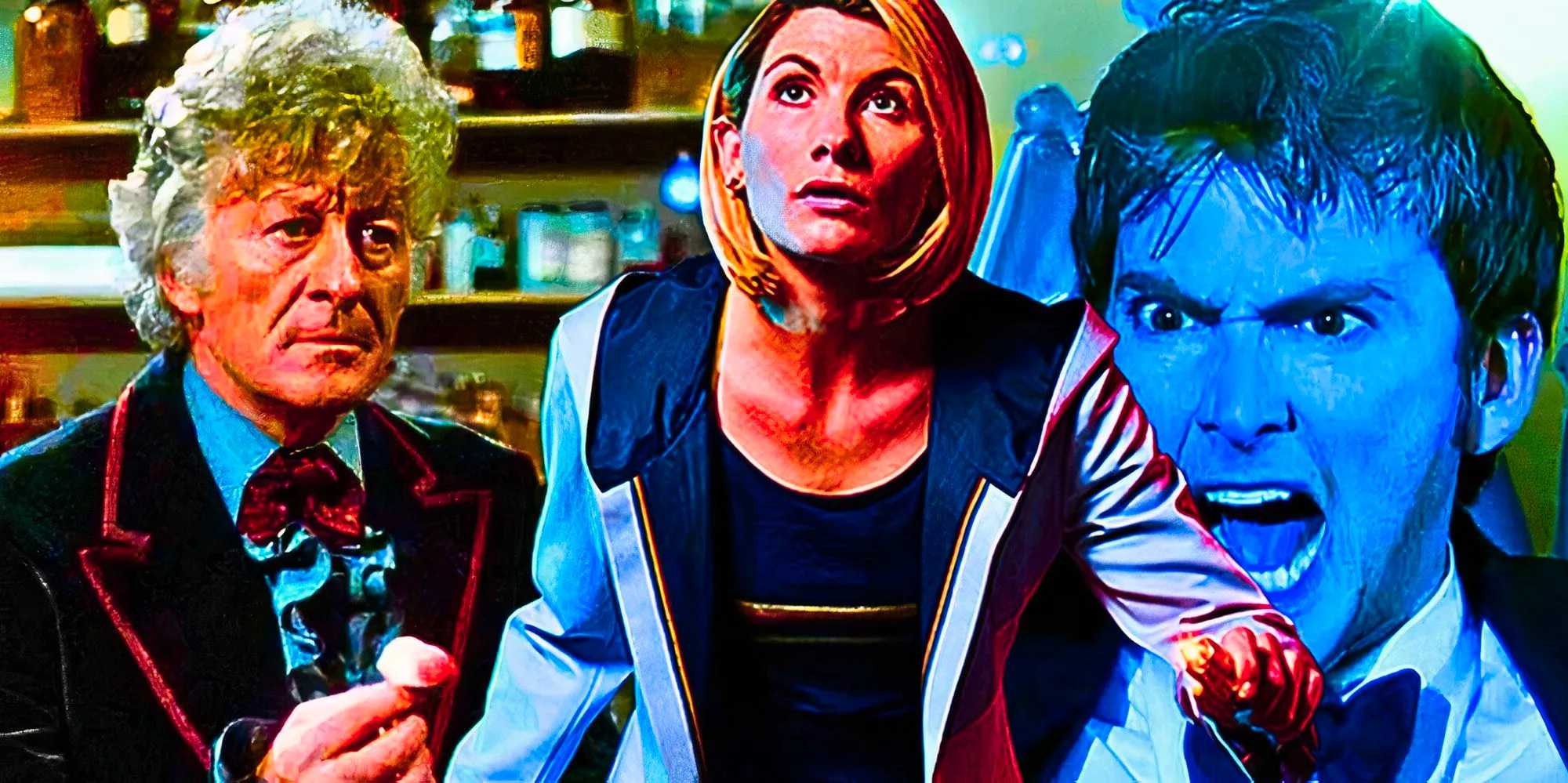 A custom Doctor Who image of David Tennant's Tenth Doctor, Jodie Whittaker's Thirteenth, and Jon Pertwee's Third Image