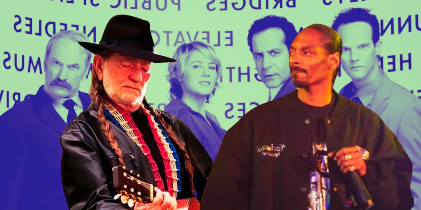 A custom image features the cast of Monk in the background in a mint green shade with guest stars Snoop Dog and Willie Nelson in the foreground Image