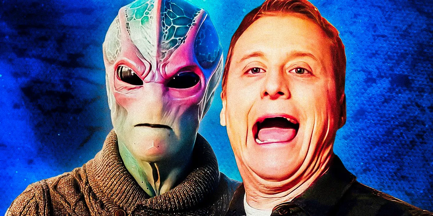 A custom image of Alan Tudyk laughing as Resident Alien's Harry Vanderspeigle with his alien form looking angry in the background Image