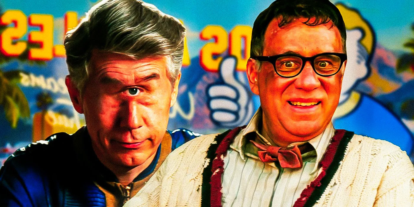 A custom image of Fred Armisen as DJ Carl and Chris Parnell as Overseer Benjamin against a backdrop of Fallout imagery Image