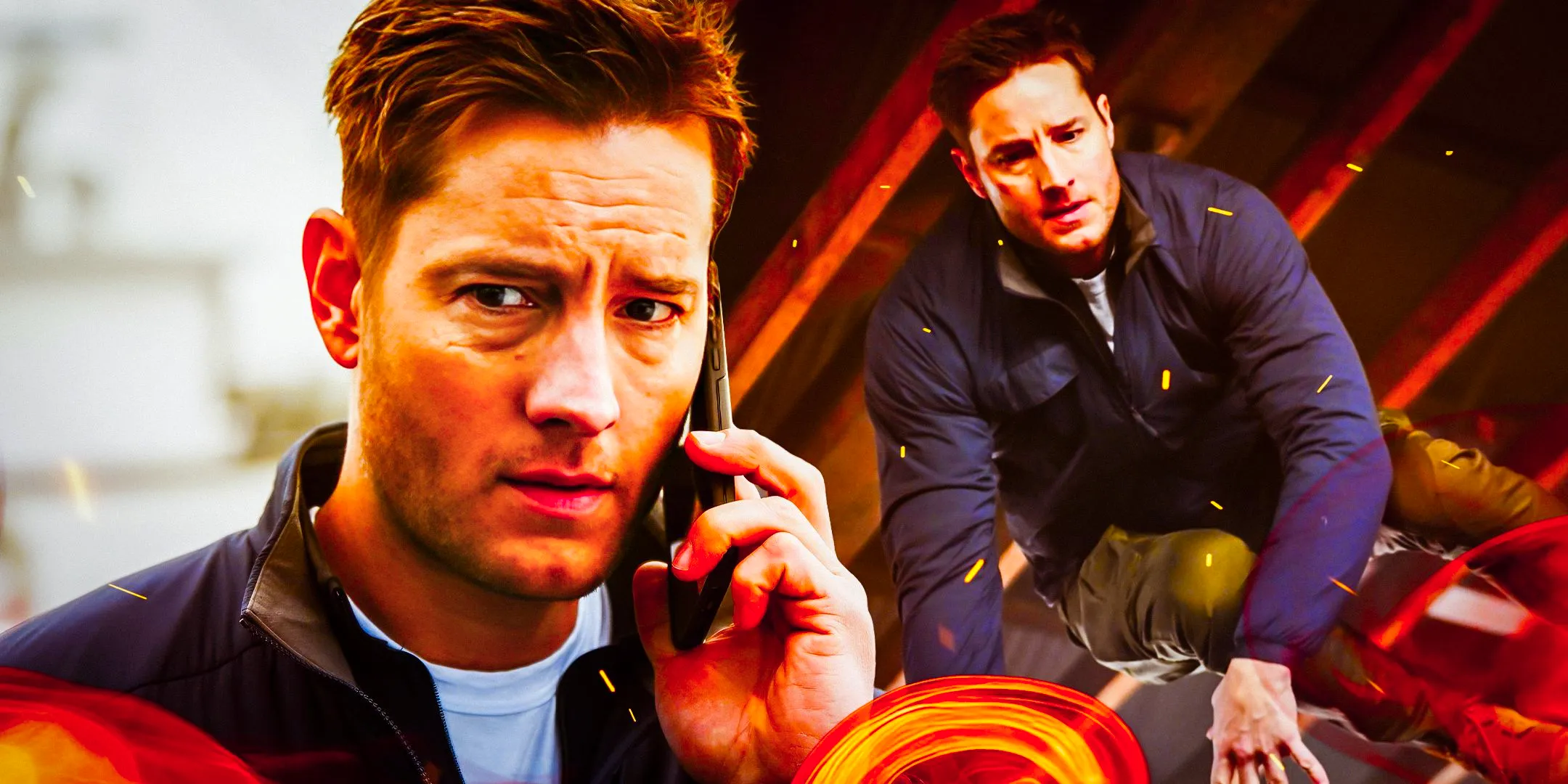 A custom image of Justin Hartley's Colter Shaw character in action and a close-up on the phone in Tracker Image