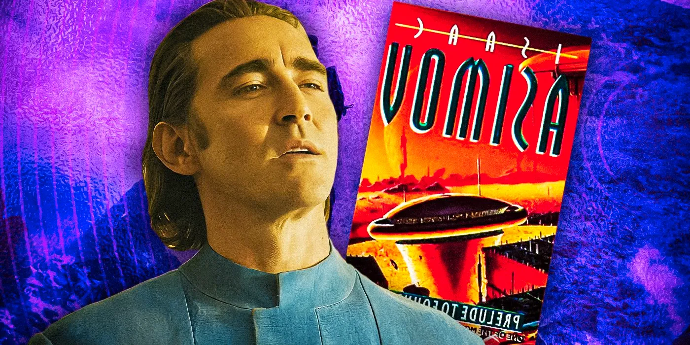 A custom image of Lee Pace as Brother Day and the front cover of Isaac Asimov's Prelude to Foundation book Image