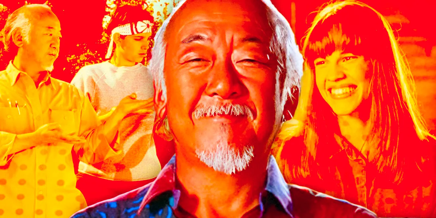 A custom image of Pat Morita as Mr. Miyagi against a backdrop of other scenes from the Karate Kid franchise Image