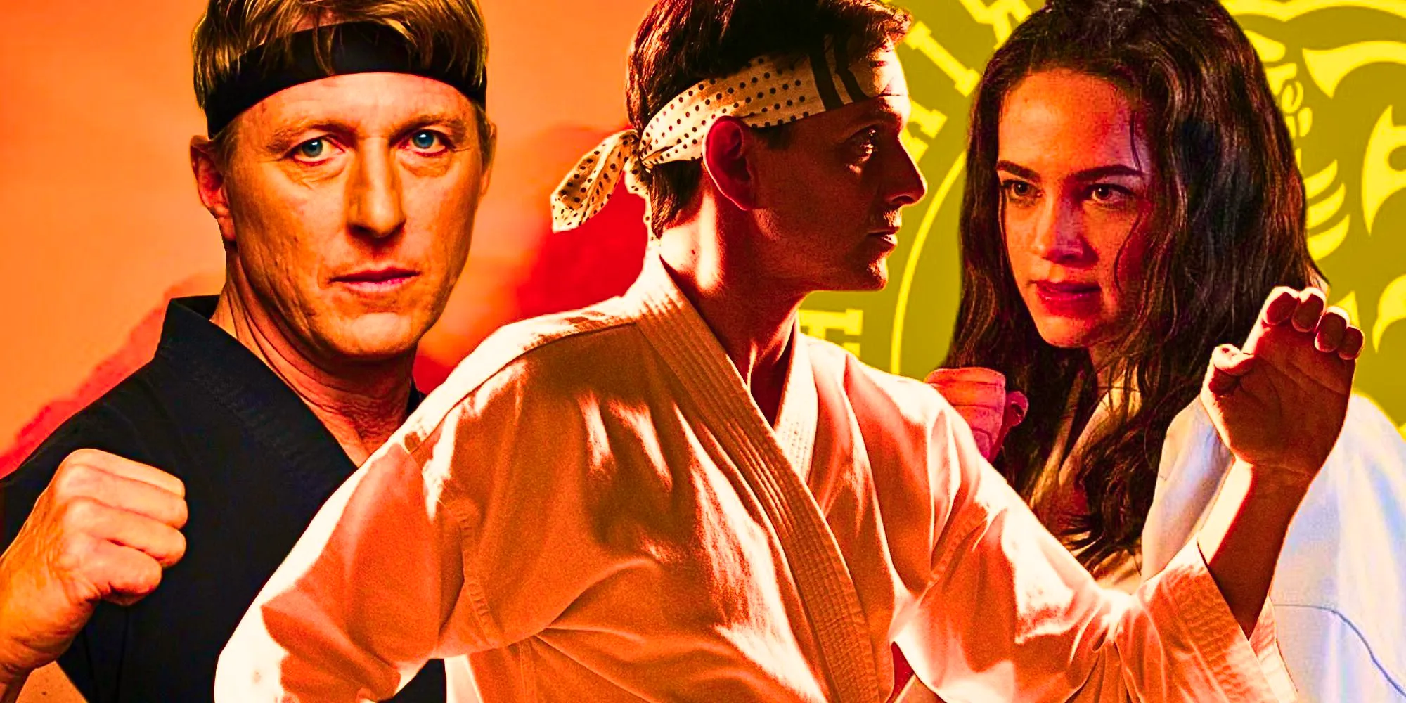 A custom image of Sam (Mary Mouser), Daniel (Ralph Macchio), and Johnny (William Zabka) from Cobra Kai Image