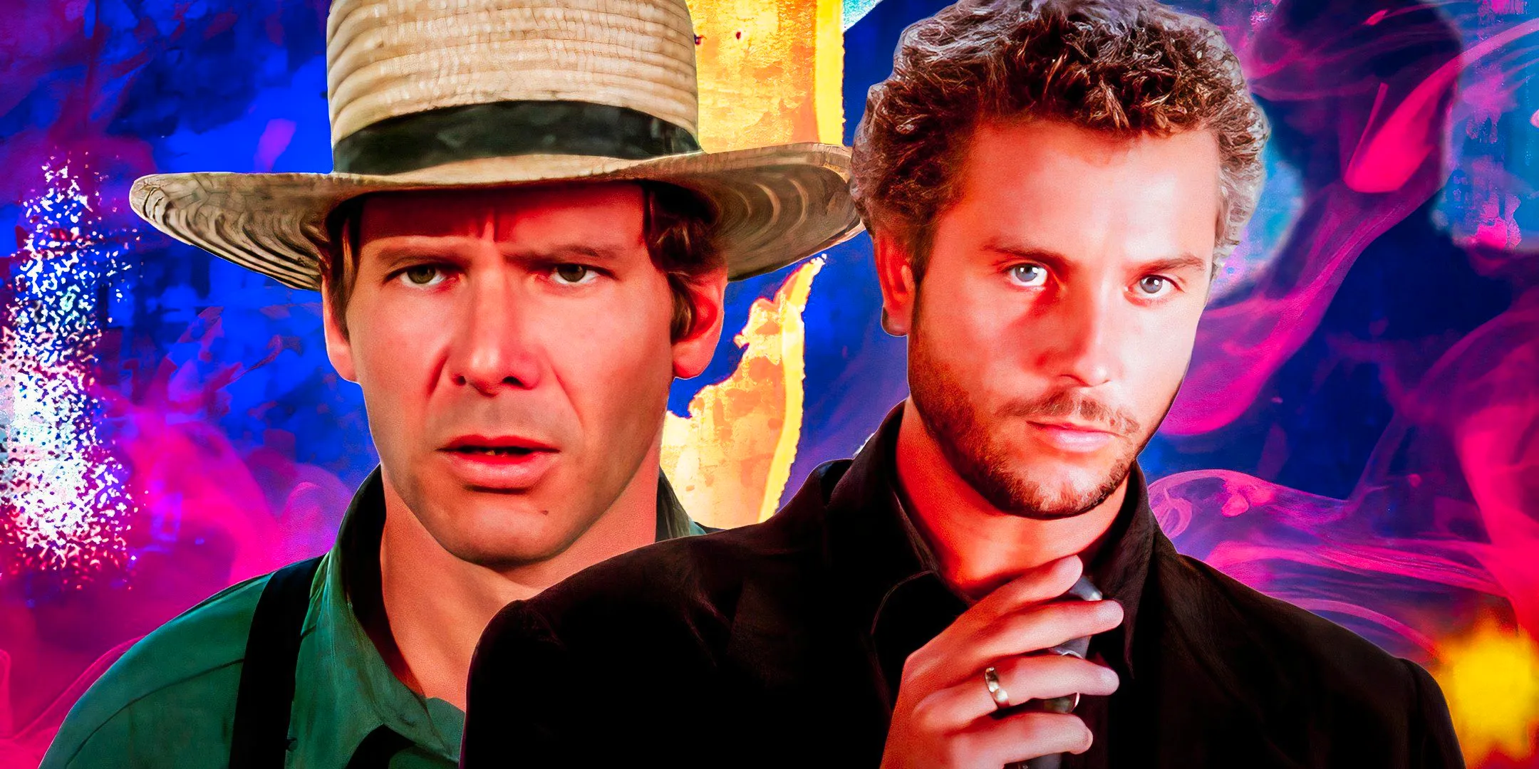 A custom image of William Petersen in Manhunter and Harrison Ford in Witness against a colorful background.  Image