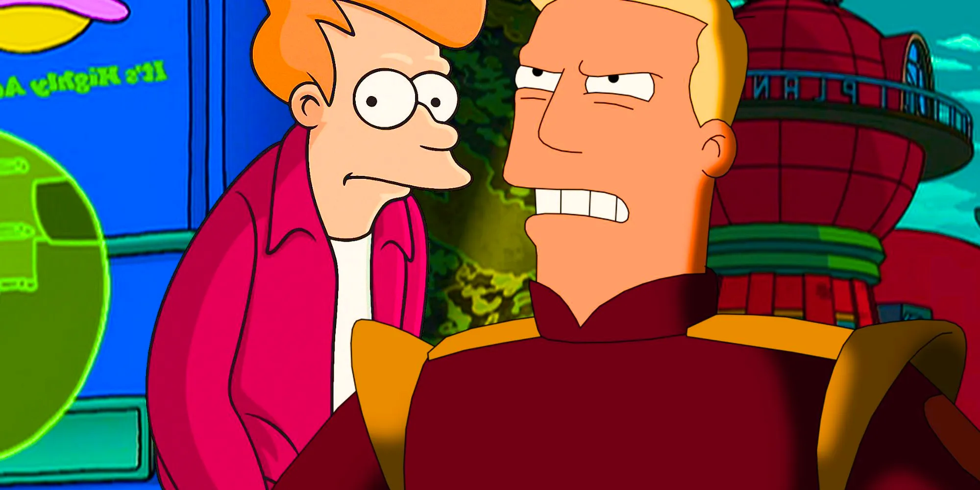 A custom image of Zapp Brannigan and Fry against a backdrop of blended Futurama imagery Image