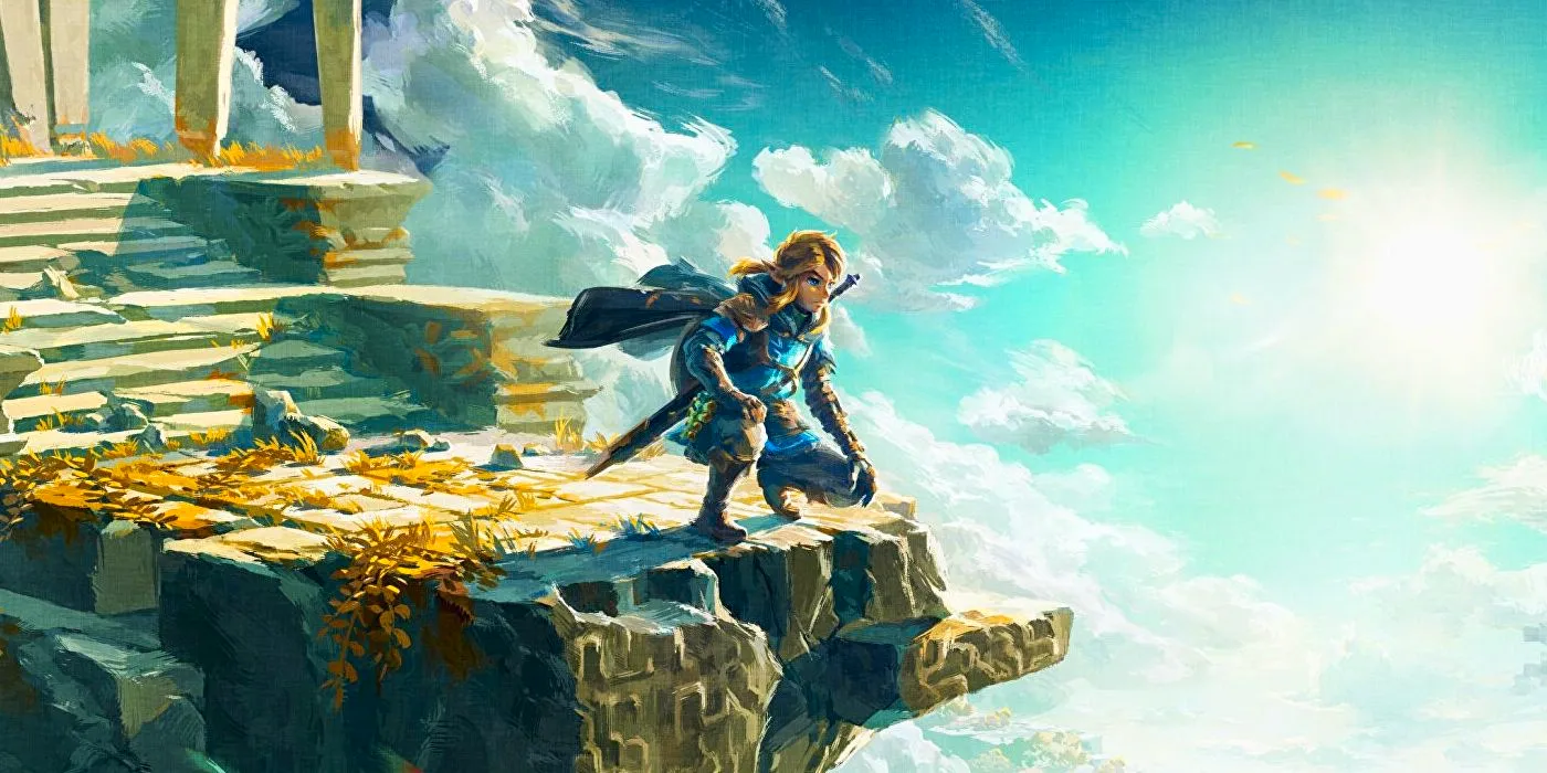 A cut of Zelda: Tears of the Kingdom's key-art, showing Link in a tunic, crouched on the edge of a floating island, overlooking the off-screen scenery. There are clouds and sunlight in the distance. Image