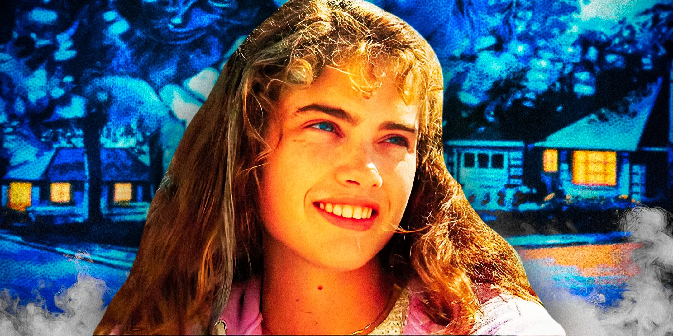 A cutout of Nancy Thompson against a blue landscape background from A Nightmare on Elm Street. Image