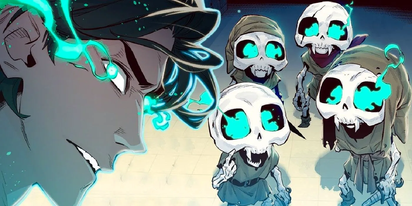 a dark haired boy looking to the side with his glowing blue eye and tiny skeletons with blue fire in their eye sockets from the lone necromancer Image