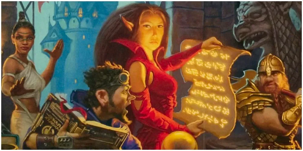 A D&D elf opening a spell scroll. Image