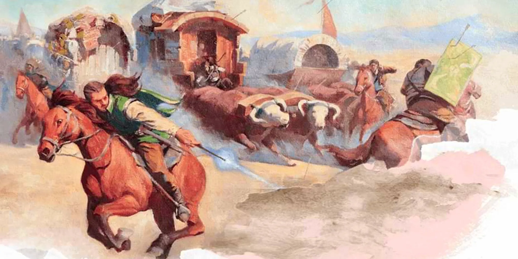 A D&D magic user casts a spell on horseback with a fleet of covered wagons behind him. Image