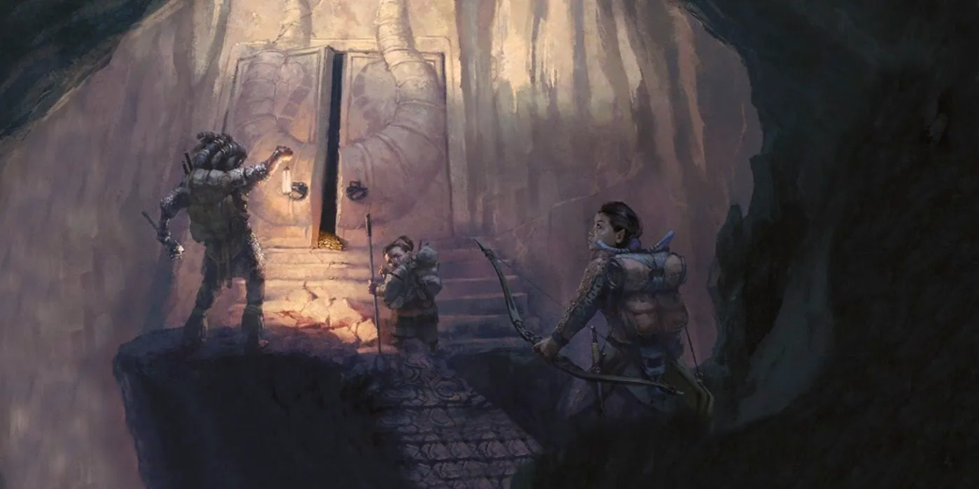 A D&D party approaching a door in a dungeon. Image