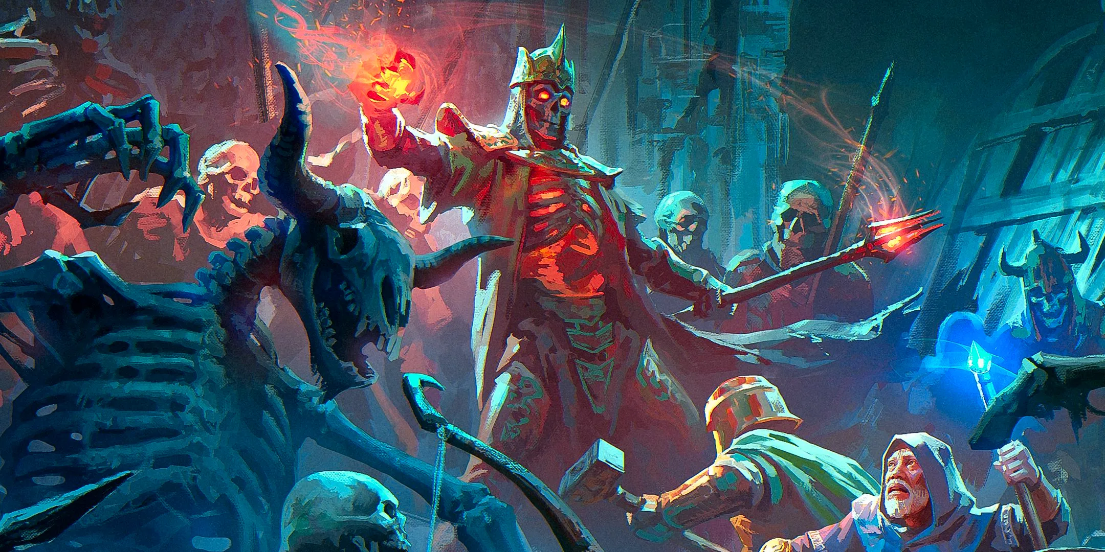 A D&D party facing off against skeleton army including a fiery leader in the 2024 Monster Manual. Image