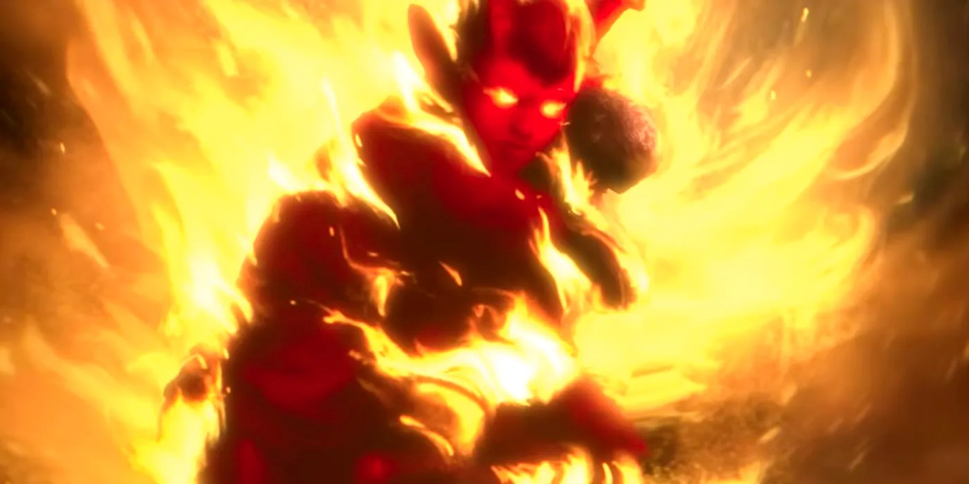 A Diablo 4 character with glowing orange eyes surrounded by bright flames. Image