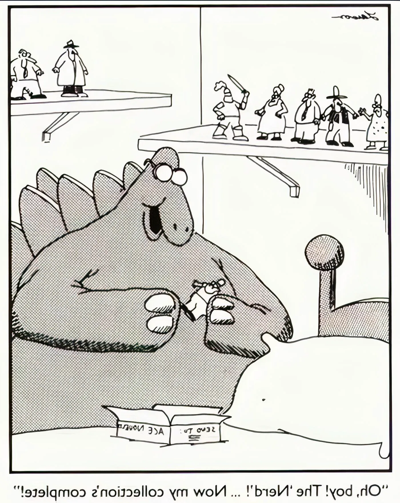 A dinosaur collecting human figurines in The Far Side. Image