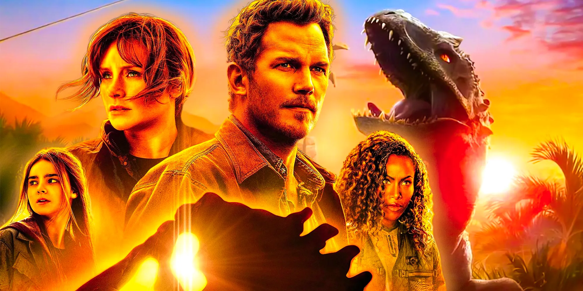 A dinosaur from Jurassic World: Chaos Theory with the cast of Jurassic World: Dominion on the movie poster Image