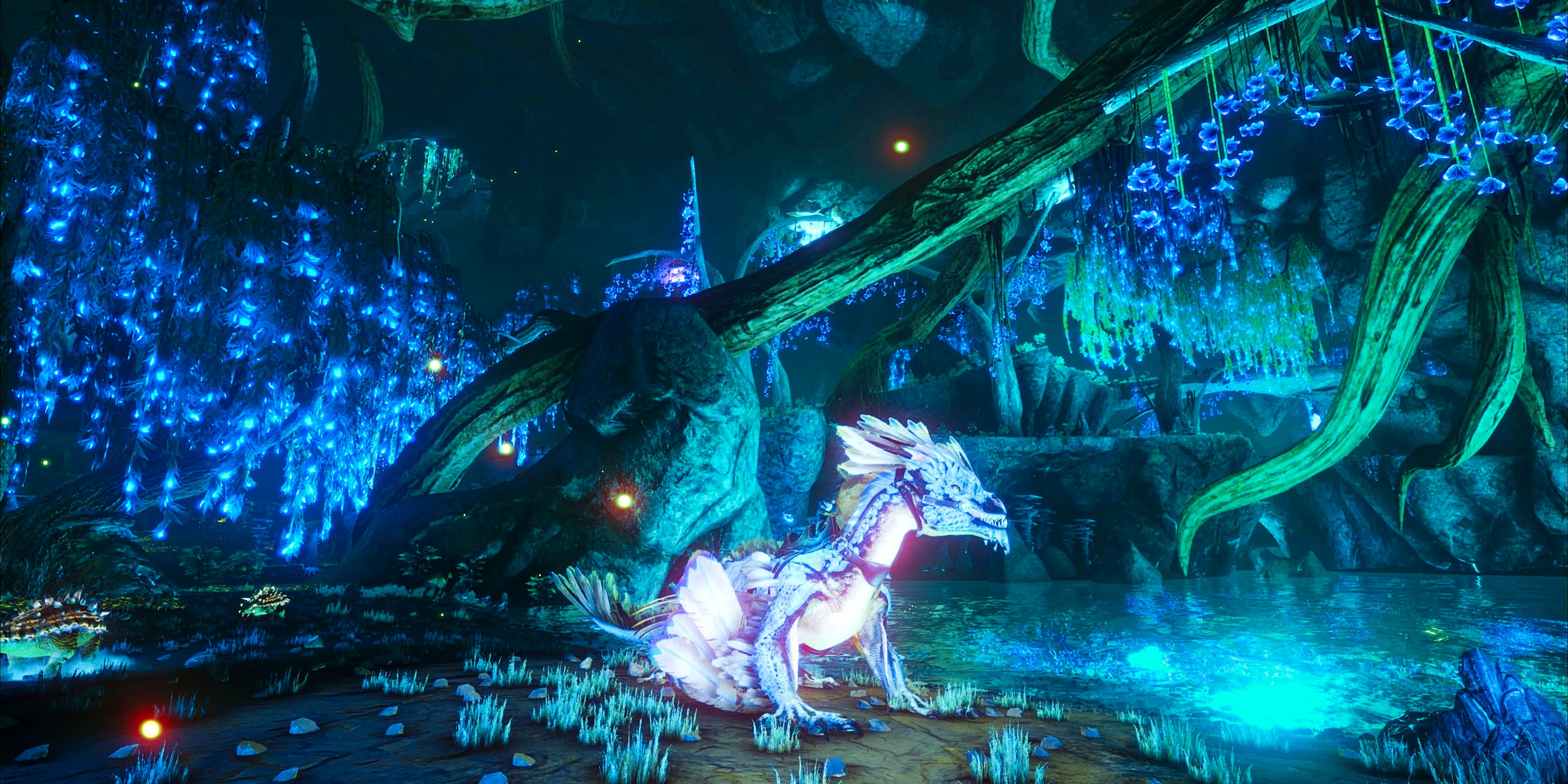 A dinosaur sits under a glowing treee in a screenshot from ASE_ Aberration. Image