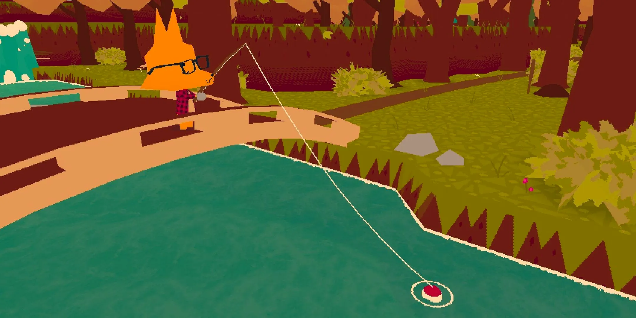 A dog fishing off of a bridge in the game Webfishing. Image