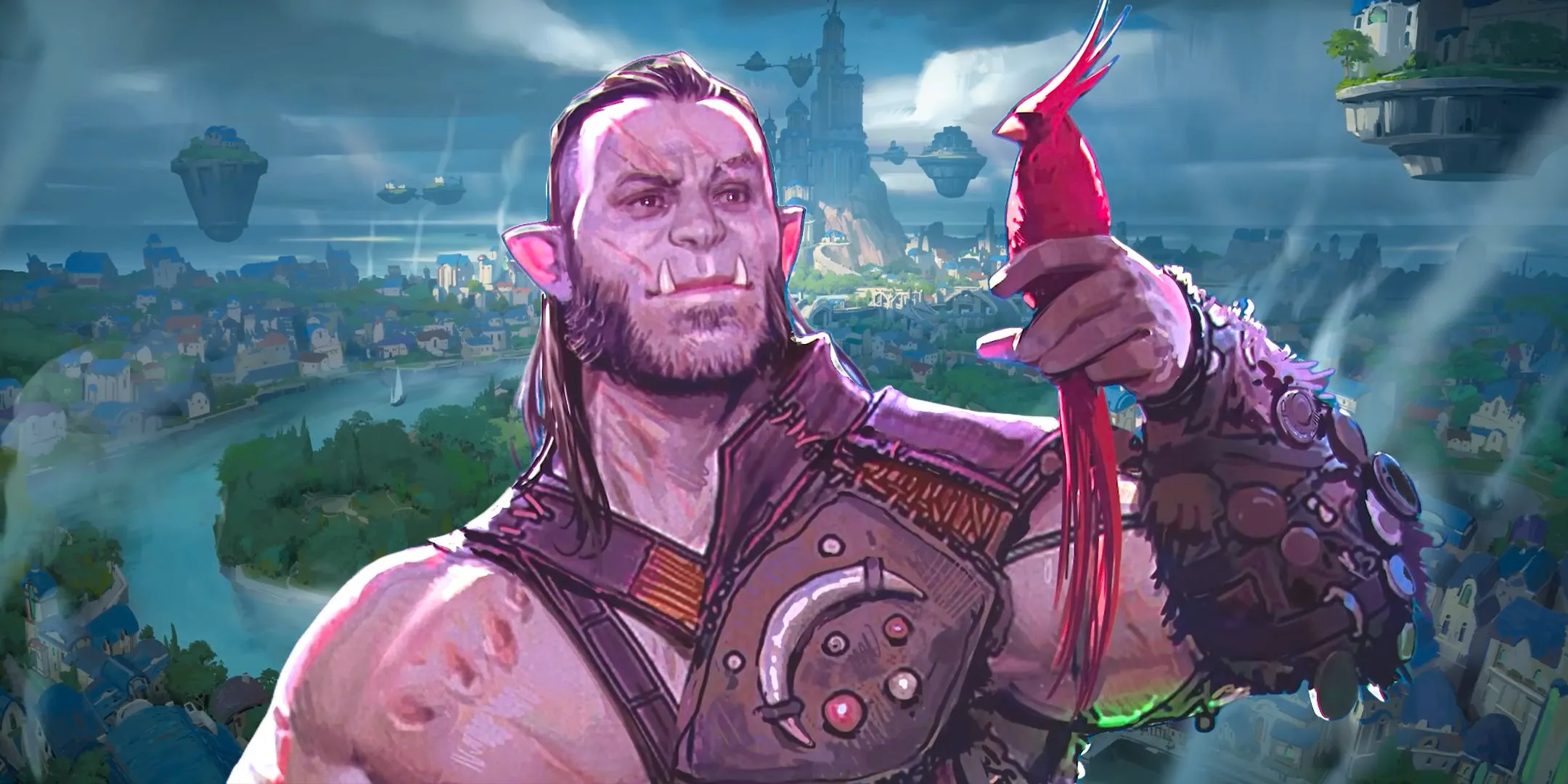 A druid from Dungeons & Dragons holding a cardinal-like bird on his finger in front of a city backdrop from the Forgotten Realms setting. Image