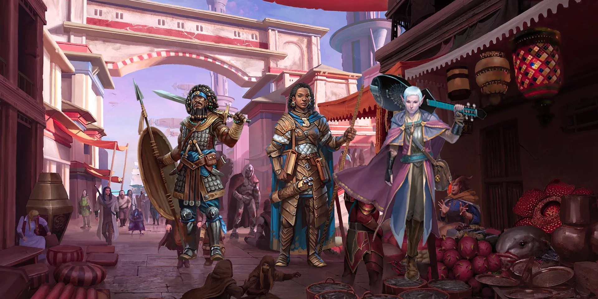 A Dungeons and Dragons adventuring party in a peaceful, bustling open-air market. Image