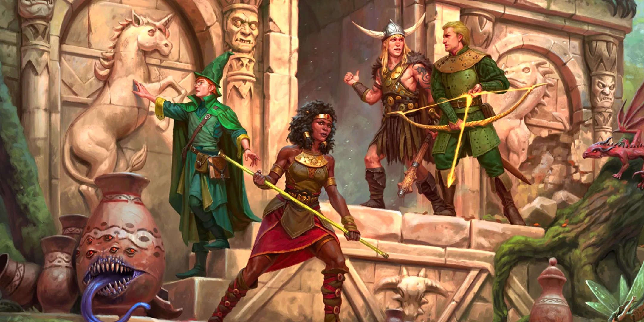 A Dungeons & Dragons adventuring party on the steps of a dungeon in 2024 Player's Handbook art. Image