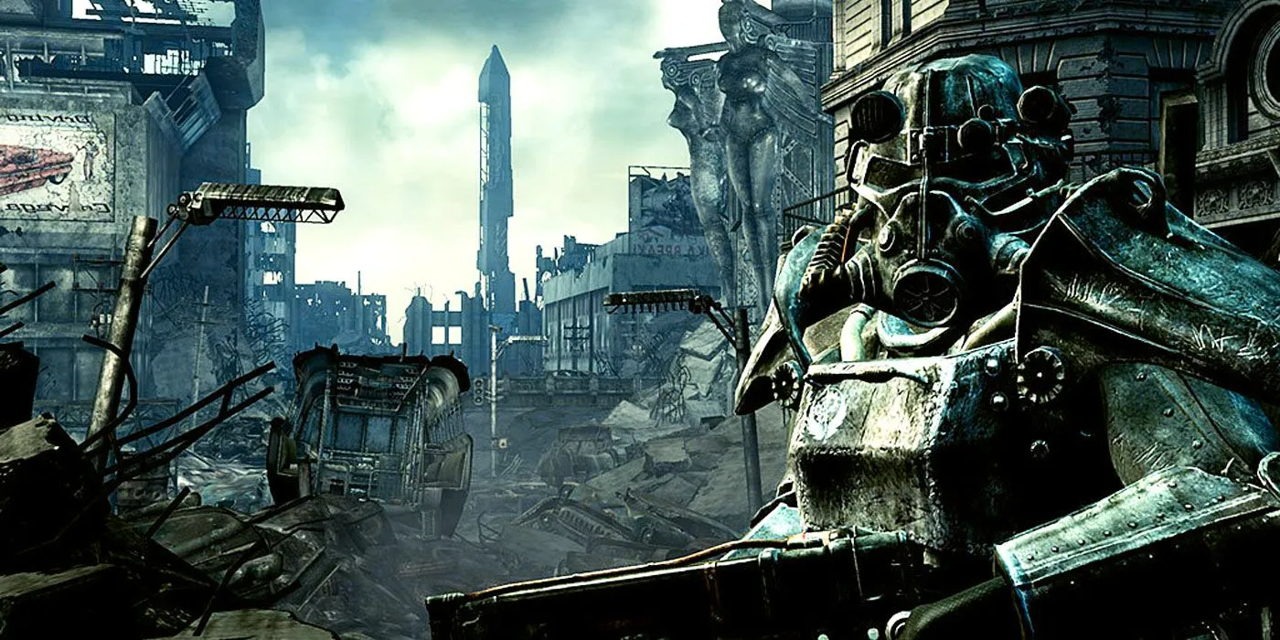 A Fallout 3 character in bulky Power Armor standing in a desolate, ruined city street. Image