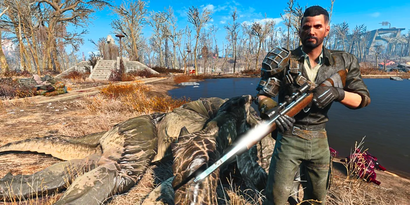 A Fallout 4 player with a hunting rifle alongside a dead Deathclaw Image