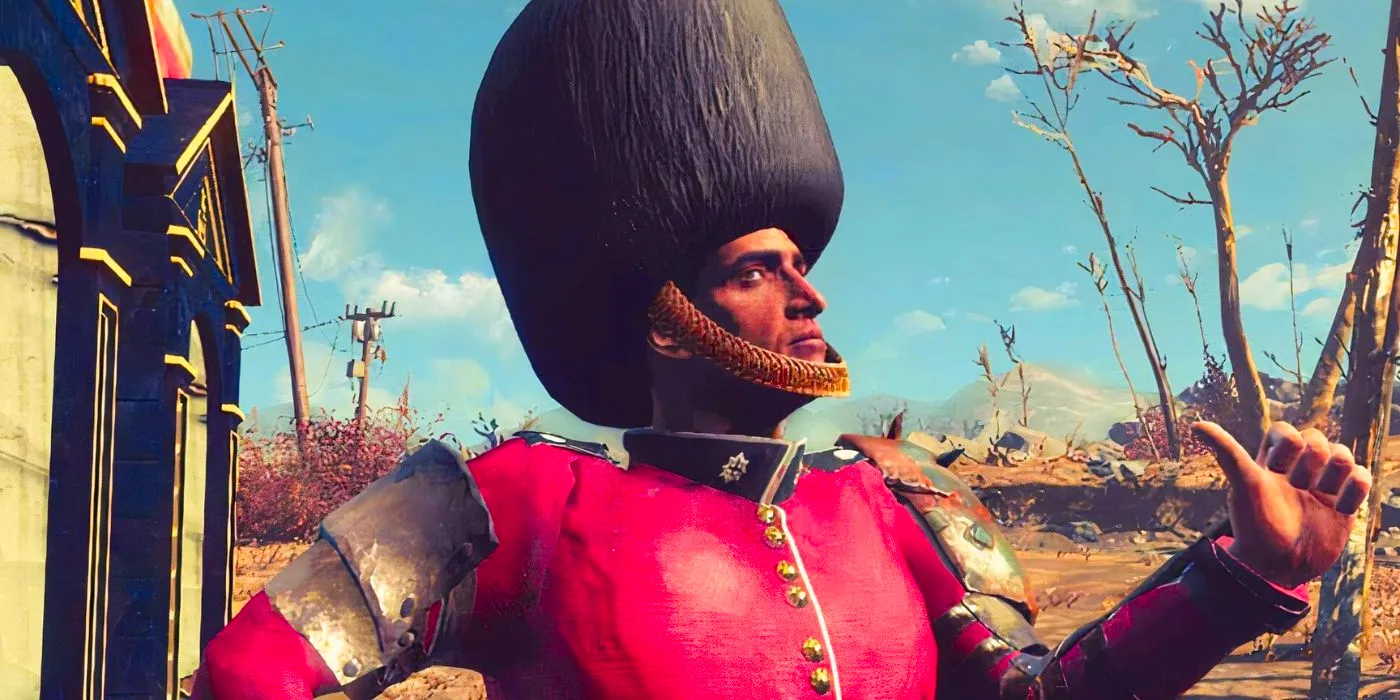 A Fallout: London player with a Royal Guard's hat pointing at himself. Image