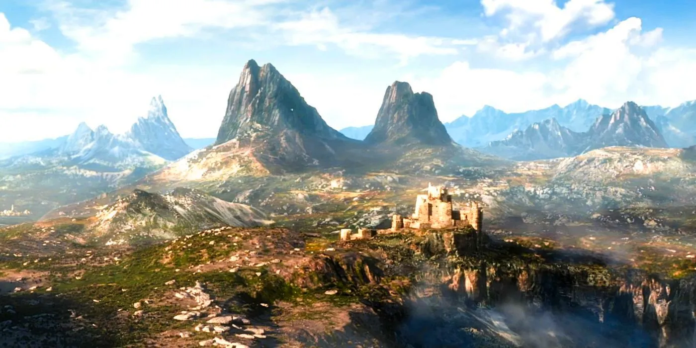 A fantasy landscape with a crumbling castle seen in the teaser trailer for The Elder Scrolls 6. Image