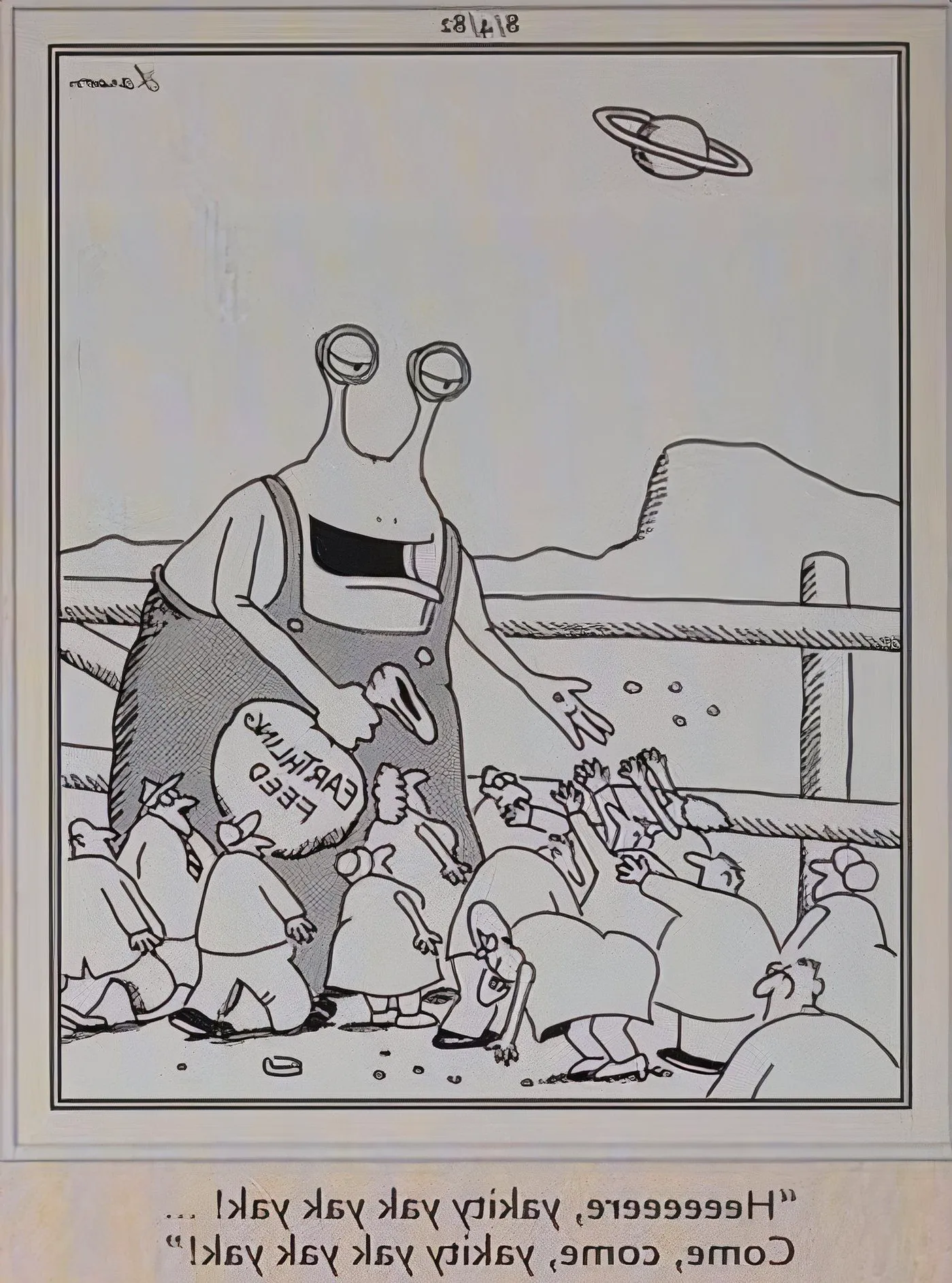 A Far Side alien keeping humans in a pen, feeding them from a bag. Image