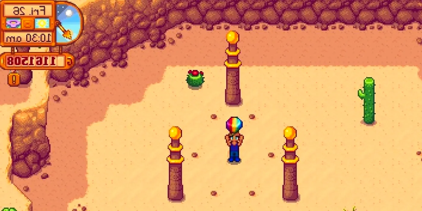 A farmer holding a Prismatic Shard between the Desert Pillars in Stardew Valley​​​​​​​. Image