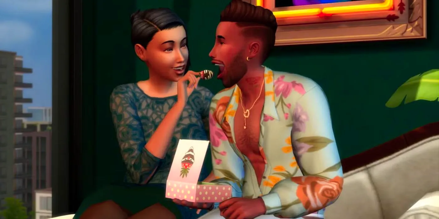 A female sim feeding a guy chocolate strawberries from a box in The Sims 4. Image