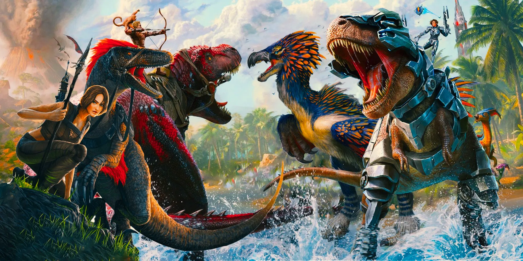 A few different kinds of dinosaurs battling against each other.  Image