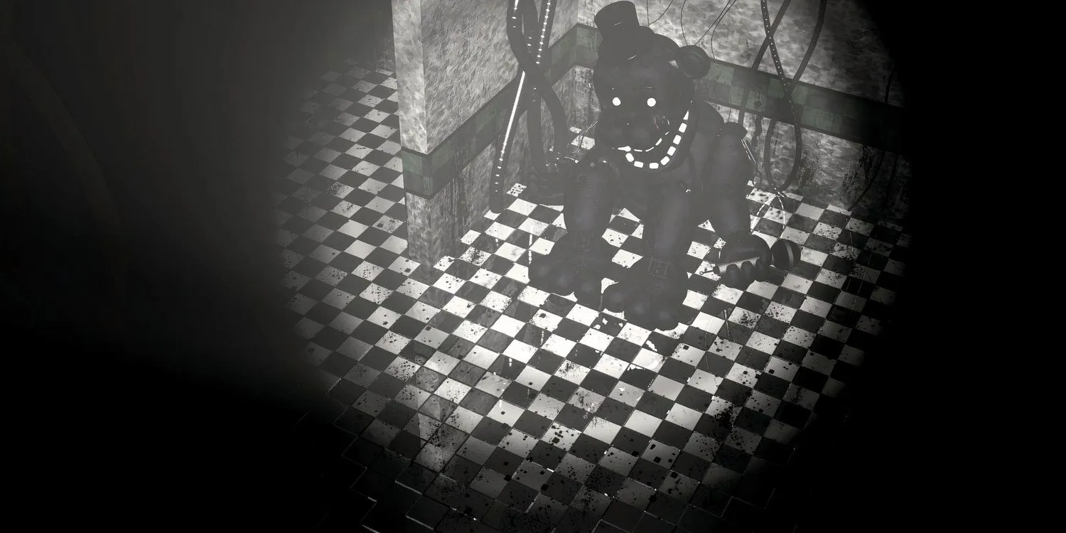 A flashlight shines on Shadow Freddy in FNAF2 Image